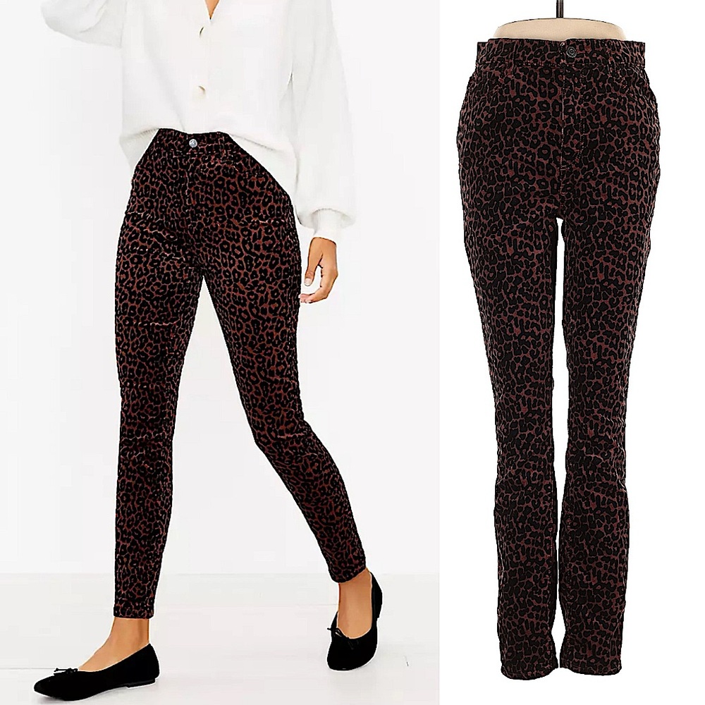 LOFT leopard print high rise corduroy velvet Skinny Pants size 28